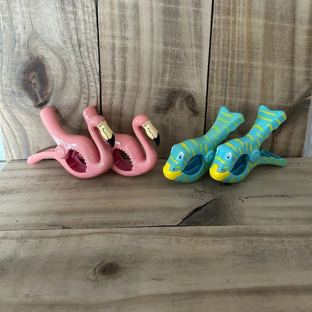 Flamingo & Fish Beach Towel Clips for Beach Chairs, Lounge Chairs, Drying Racks